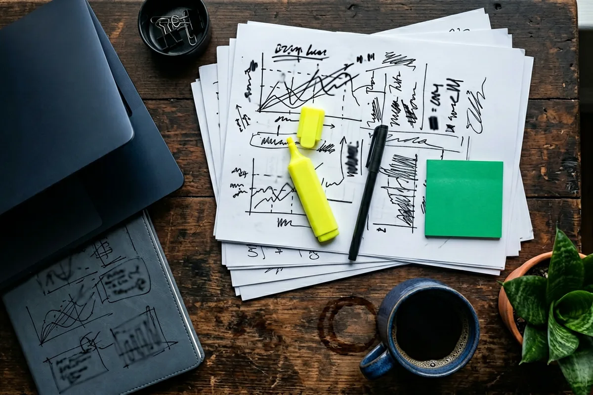 Stanowisko redakcyjne OrdinaryStreetWay: notatki i porównanie zapisów polisy na biurku, wymiary 1200x800