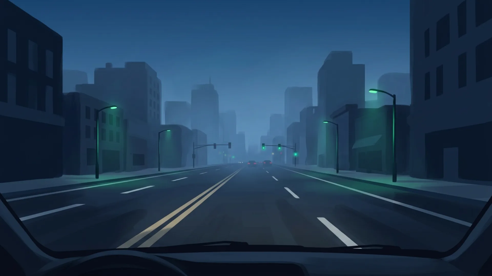 Stylizowana ilustracja drogi i pojazdu na tle miasta w USA, tło sekcji hero strony głównej, wymiary 1920x1080