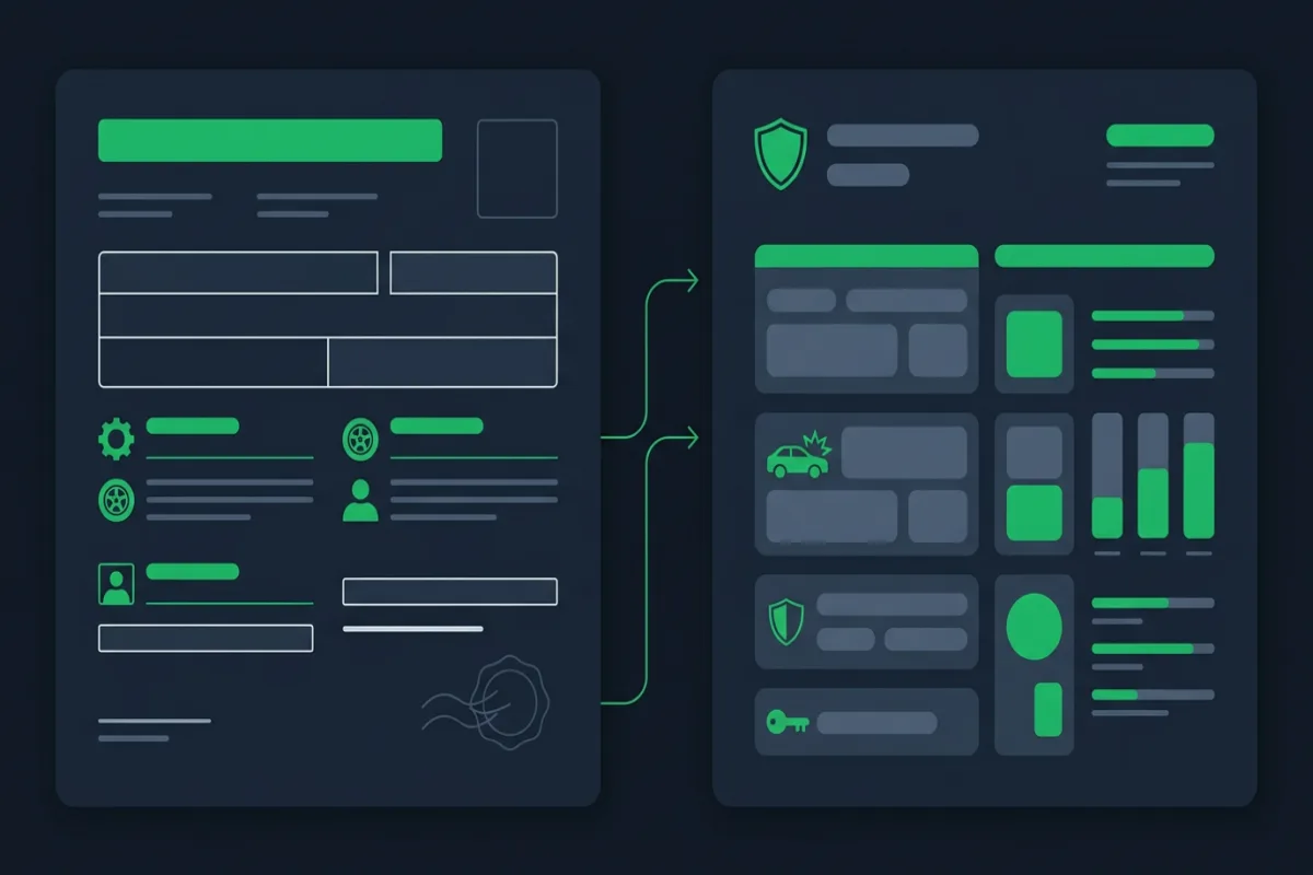 Zbliżenie na dokumentację pojazdu obok fragmentu polisy jako ćwiczenie porównawcze OrdinaryStreetWay, wymiary 1200x800