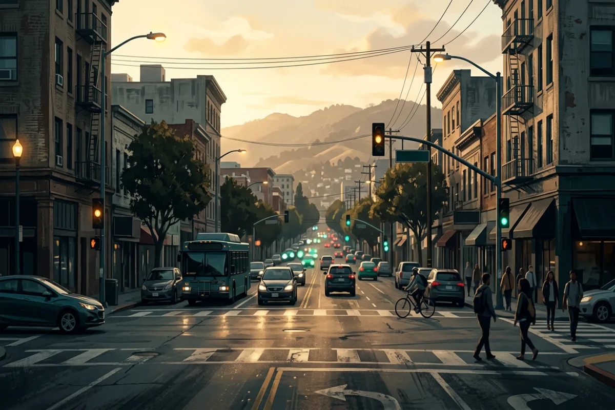 Wizualizacja miejskiej ulicy i ruchu drogowego jako kontekstu jazdy dla polisy, materiał edukacyjny OrdinaryStreetWay, wymiary 1200x800